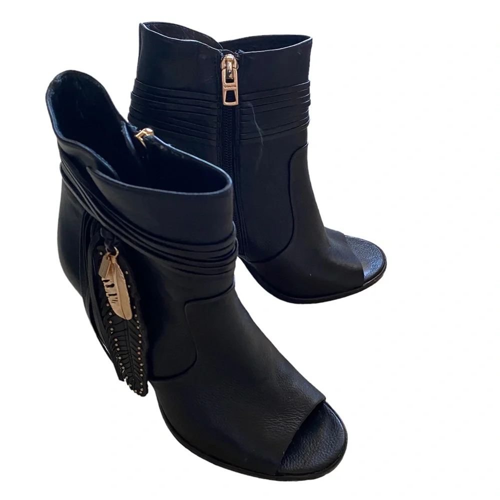 Coach Black Leather Peep-Toe Stiletto Ankle Boots with Feather Tassel